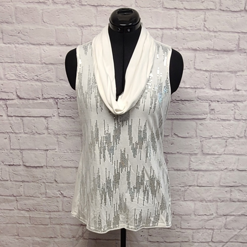 White House‎ Black Market Graphic Silver and White Tank Top